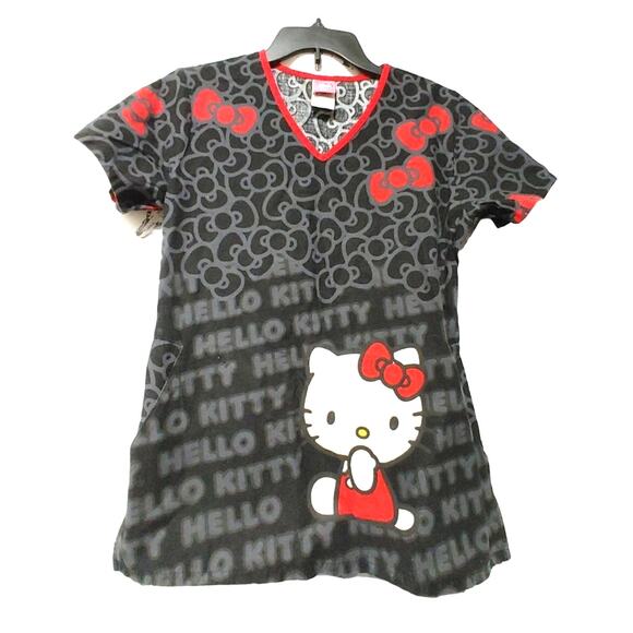 Sanrio Hello Kitty Classic Fit Scrub Top Short Sleeve V-Neck Black Red Womens XS - Picture 1 of 6